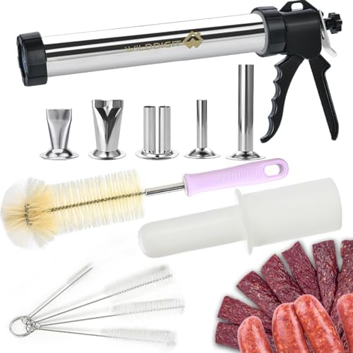 Professional Beef Jerky Gun Kits, Stainless Steel Jerky Maker, Jerky Cannon, Meat Gun with 5 Stainless Nozzles and 5 Brushes