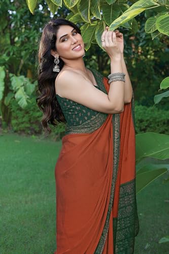 Image of MIRCHI FASHION Saree for Woman Chiffon Georgette Solid with Contrast Border | Lightweight Daily Wear Women's Sari and Printed Blouse Piece
