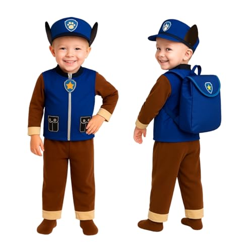 Image of WANNA PARTY Cute Cartoon Paw Chase Marshall Costume with blue backback for Boys for Birthday Outfit,Halloween, Pretend Play Costume Dress for Boys.Size-3 to 5 years