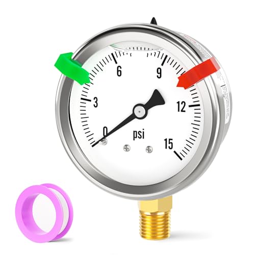 Image of 0-15PSI Stainless Steel Liquid Filled Pressure Gauge, 2.5 inch Single Scale Face Dial, 1 /4 inch NPT Lower Mount, for Tube, Water Pump, Gas, Liquid, Pressure Test (with Range Mark Pointer)