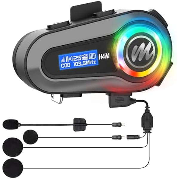 Moman Zestaw słuchawkowy do kasku motocyklowego, H4M z ekranem LCD i dźwiękiem 6 EQ: głośnik do kasku motocyklowego, dla jednej osoby, bezprzewodowe słuchawki 5.3 z HiFi, stereo, radiem FM, AI Voice