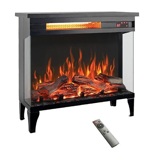 ESPIDOO 24 Inch Electric Fireplace Heater: Three Sided Glass Modern Design with Adjustable Flame Effects - Freestanding Portable Fireplace for Creative Studio & Office Space
