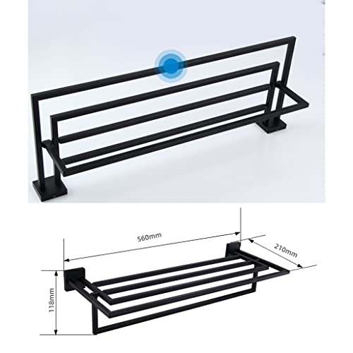 Toallero de baño doble negro mate de pared con estante plegable 7