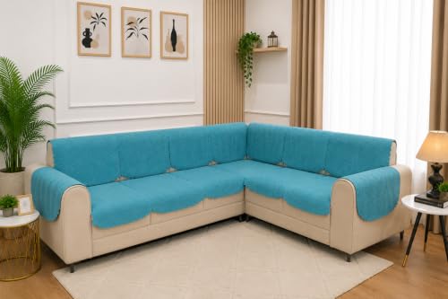 Image of 7 Seater L-Shape Sofa Cover with Arm Covers, Quilted Texture, Sectional Couch Protector for Living Room-Pack of 15 (Turquoise)