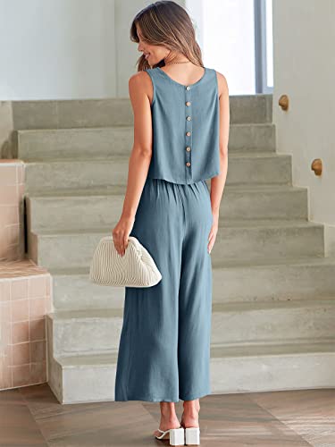 Image of ANRABESS Women's Summer 2 Piece Outfits Sleeveless Tank Crop Button Back Top Cropped Wide Leg Pants Set Pockets