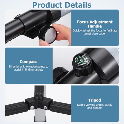 Image of ULTECHNOVO Telescope for Kids Beginners Adults, Aperture Refractor Telescopes for Astronomy Beginners, Portable Travel Telescope with Tripod, Astronomy Gifts for Kids Silver