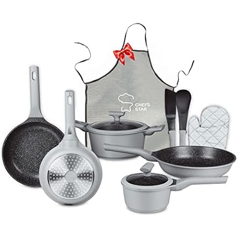 Chef's Star Nonstick Pots and Pans Set, Aluminum Kitchen Cookware Set with Silicone Handle, Nonstick Frying Pans, Cooking Essentials, Includes Oven Gloves and Apron, (Gray) Cover