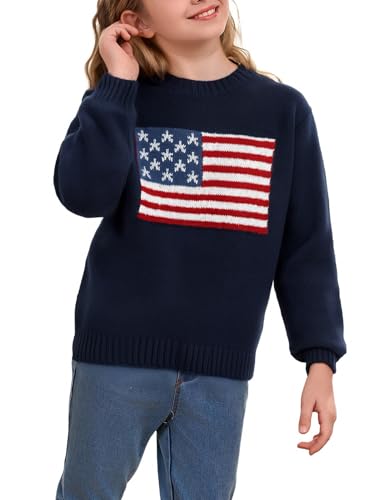 GORGLITTER Girl's American Flag Graphic Sweater Crewneck Long Sleeve Knit Pullover Tops