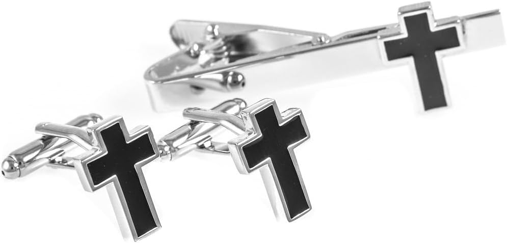 MRCUFF Cross Christian Cufflinks Pair & Tie Bar Clip with Presentation Gift Box & Polishing Cloth