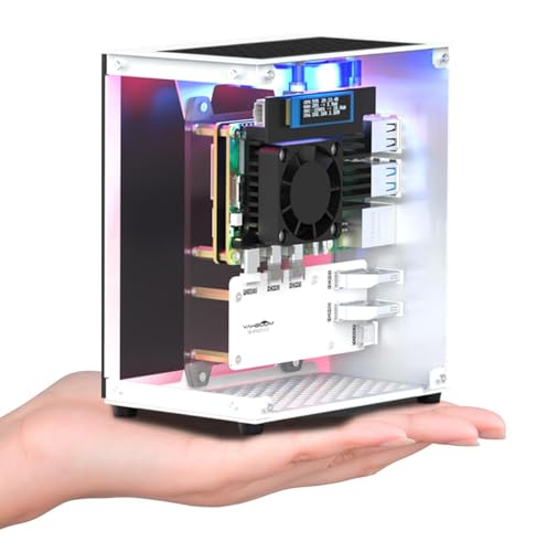 Image of Yahboom Raspberry Pi 5 M.2 SSD PCIe Mini PC Case for Pi 5 with Tower Radiator,RGB Fan,OLED Display,with M.2 to Adapter,256GB NVME SSD