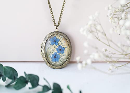 Handmade Oval Shaped Photo Locket with dried Pressed Flowers Locket pendant Necklace2