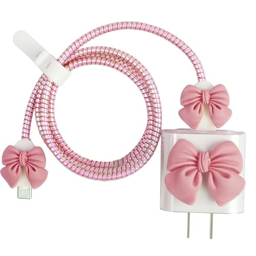 Image of skysia Cute Bow Design 4-in-1 Charger Case | Transparent Cable Protector, Case Cover, and Spiral Cable Protector for Apple 18W-20W USB-C Adapter (Pack of One) (Multi Colored) (Pink)