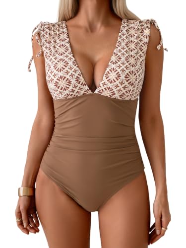 Image of One Piece Swimsuit for Women Tummy Control Ruched Bathing Suit Sexy High Cut Swimwear V Neck Swim Suit