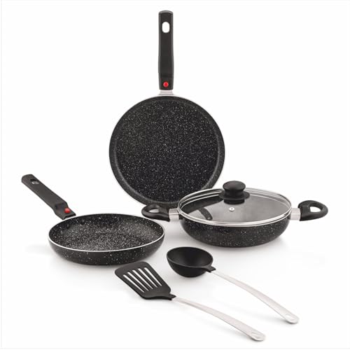 Amazon Brand - Solimo Aluminium 6 Piece Non-Stick Cookware Set with Detachable Handle| Granite Finish | Induction Base | Pfoa Free | HTR Exterior Coat