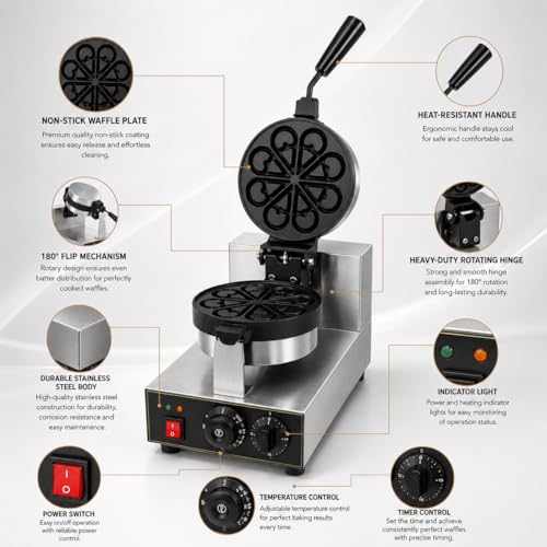 Image of Droplet Shape Rotary Waffle Maker, Commercial Electric Waffle Machine, Professional Belgian Waffle Baker for Cafe Bakery Restaurant