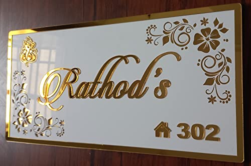 Image of Aarushi Creations Personalized Home Door Name Plate Acrylic with Embossed Letters with Mirror Shine (Size 12x8 In White, Golden) 0319 (12 x 8 Inch)