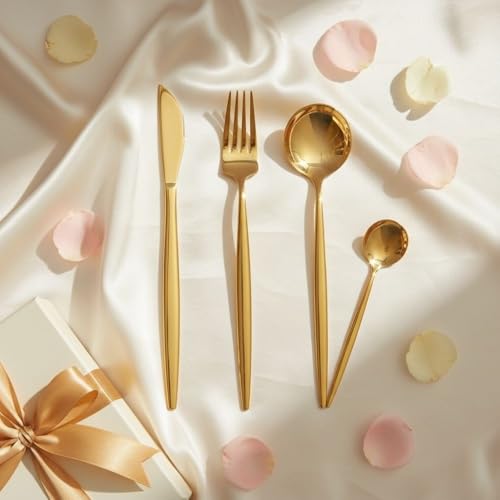Image of 8 Pcs Gold Slim Handle Stainless Steel Cutlery Set for Dining Table with Spoons and Forks Set + Butterknives - The Perfect Tableware /Flatware