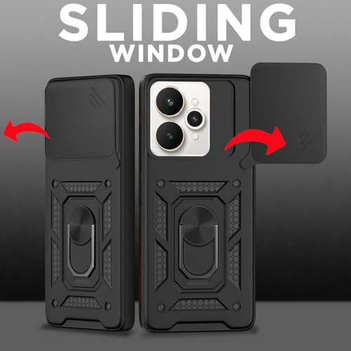 Image of Pikkme Back Cover for Realme 15 5G / Realme 15 Pro 5G | 360 Protection Case | Sliding Camera Shield Cover & Ring Holder Stand D10 Tough Armor Bumper Case (Black)