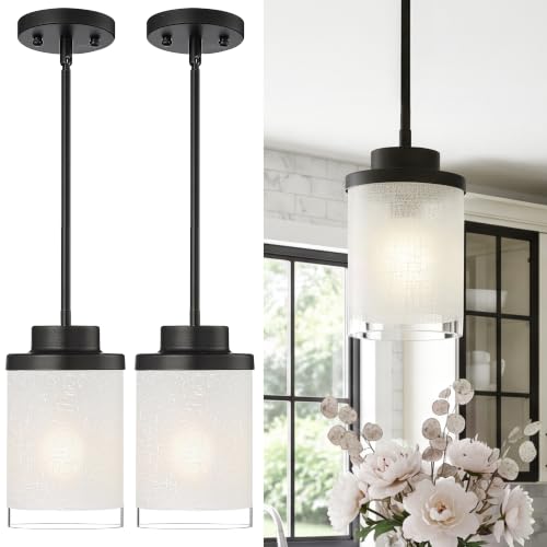 TENGXIN 2 Pack Matte Black Pendant Lights Kitchen Island, Frosted Glass