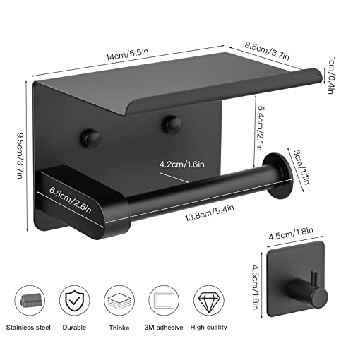 Nineaccy Toilet Paper Holder With Cell Phone Placement Function + Towel Hook 304 Stainless Steel, Sticky Paper Or Screw Mount Toilet Paper Holder For Bathroom Or Lavatory.[With Screws](Black) #TOP1