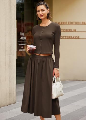 Image of Panadila Womens 2 Piece Lounge Sets Matching Vacation Outfits Ribbed Button Down Cardigan and Elastic Waist Skirt Sets
