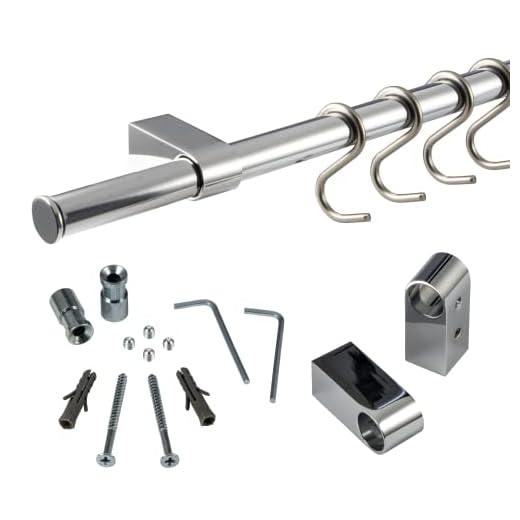 Gedotec Designer köksräcke rostfritt stål räcke system kök rostfritt stål se skena set längd 1 200 mm skensystem med 5 S-krokar med monteringsmaterial 1 komplett set metall köksskena