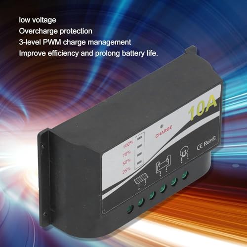 TICFOX Solar Lade und Entladeregler, Solar Ladegerät Controller, 12V/24V 10A Solar Laderegler Regler Haltbares ABS Gehäuse Solarpanel Ladegerät Entladeregler für Sonnenkollektoren und Batterien
