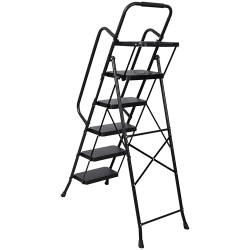 Image of Step Ladder 5 Step Folding, Sturdy Ladder for Home, Lightweight Steps Stool with Top Tool Slot, Portable Steel Ladders with Anti-Slip Pedal and Convenient Handrail, 330 LBS Load Capacity, Black