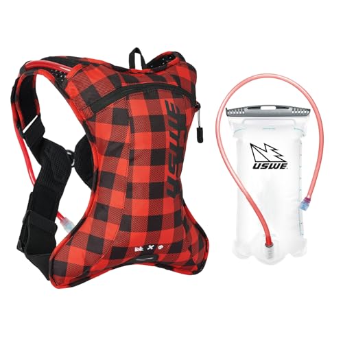 USWE Outlander XC, Zaino idrico per corsa, escursionismo, con sacca d'acqua (1,5 litri), Hydropack per uomini e donne, zaino e attrezzatura per ciclismo, MTB (flanella rosso/nero, 2L)