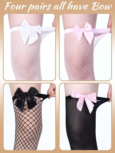 Image of Fourluoo 4 Pairs Fishnet Thigh High Stocking for Women Silicone Lace Top Sheer Silky over Knee High Stocking with Bows