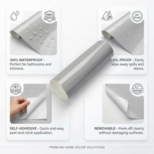 Image of HOME13 Grey Wallpaper Glossy Grey Peel and Stick Wallpaper Self Adhesive Decorative Vinyl Sticker for Shelf Liner Kitchen Cabinet Table Door Waterproof Removable(20x50 Inch)