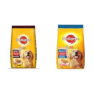 Pedigree Adult Dry Dog Food, Meat & Rice, 3kg Pack & Adult Dry Dog Food- Chicken & Vegetables, 1.2kg Pack