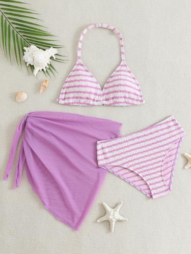 Image of SEGT Girl's 3 Piece Striped Bikini Swimwear Cute Swimsuits Bathing Suit High Waisted with Cover Up Beach Skirt