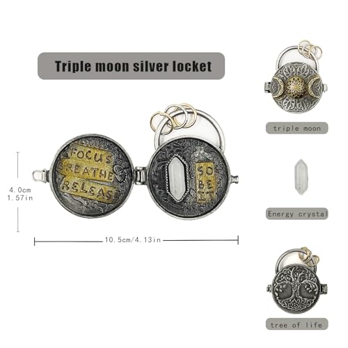 Triple Moon Silver Locket with Tree of Life, Mantra Locket, Personal Magical Space with Clear Quartz Crystals, Sacred Silver Altar for Intention and Meditation2