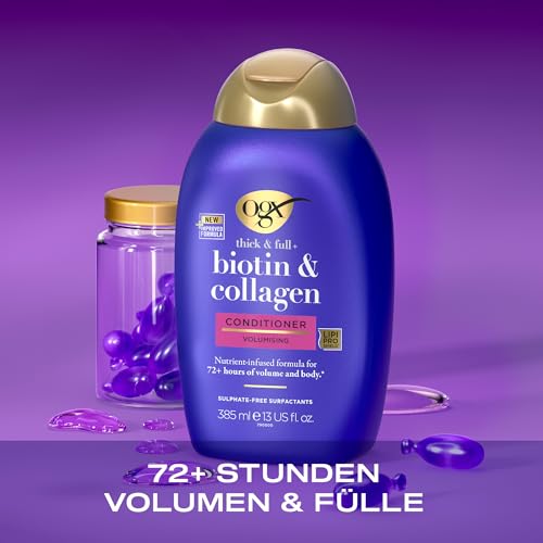 OGX Biotin & Collagen Conditioner (385 ml), reichhaltige Haarspülung für 72h+ Volumen & Fülle mit Biotin & Kollagen, Haarpflege Volumen Spülung für feines & dünnes Haar mit LipiPro Shield Technologie