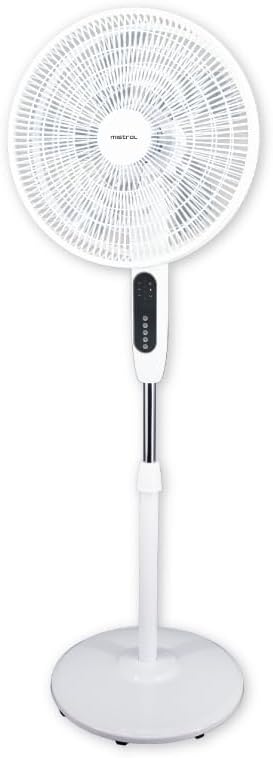 Front view of the Mistral MSF1610DR-WE stand fan highlighting its adjustable height feature