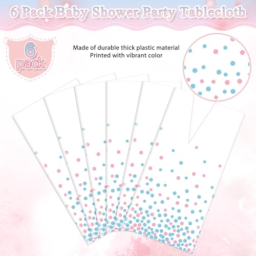 Image of 6Pack White and Pink Blue Plastic Tablecloth, White Disposable Table Cloth for Rectangle Tables, Pink Blue Stamping Dot White Tablecloth for Gender Reveal Baby Shower Birthday Party Supplies, 54 inchx108 inch