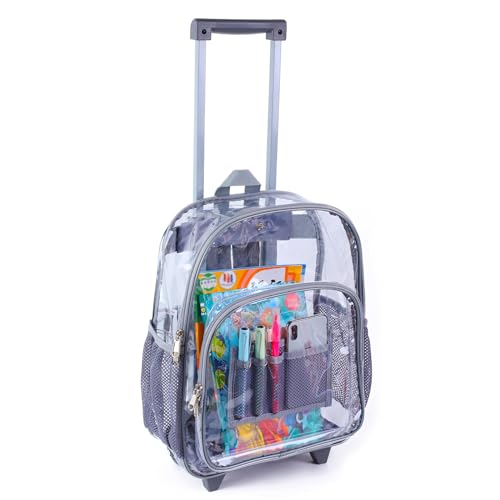 COVAX Rolling Clear Backpack, Heavy Duty See Through Bookbag, Transparent PVC Cold-resistant Backpack with Wheels (Grey)