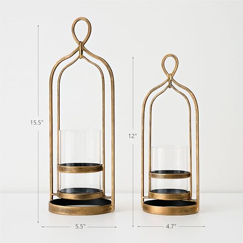 Remenna Glass Hurricane Candle Holders, Pillar Candle Holders, Metal Windproof Lantern for Industrial, Modern Farmhouse, Traditional & Vintage Home Decor, Wedding, Party, Antique Gold by Remenna - Used condition - Image 2