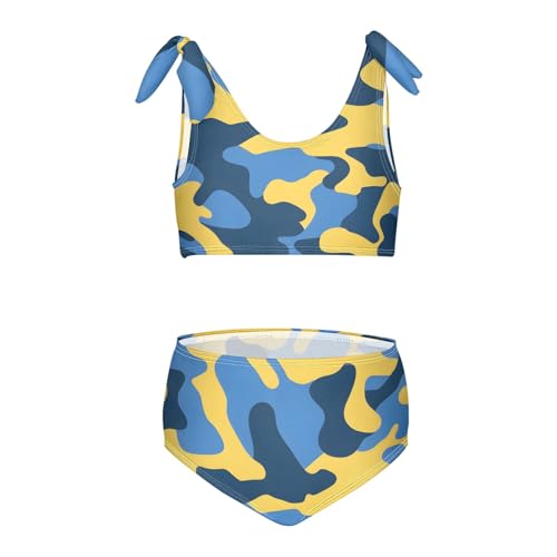 Girls' Bikini Set, Blue and Yellow Camouflage Pattern Kids Swimsuit 2 Pcs Beach Bathing Suit