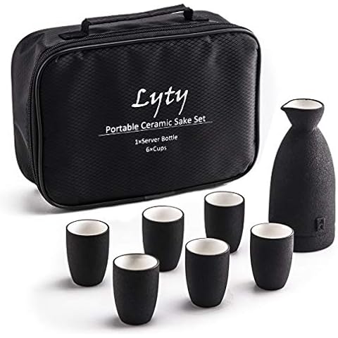 Ceramic Sake Set and Cups + Keep Sake Storage Box, Traditional Porcelain Pottery Saki Drink Set Kit, 7-Piece include 1 Sake Bottle 6 Cups Cover
