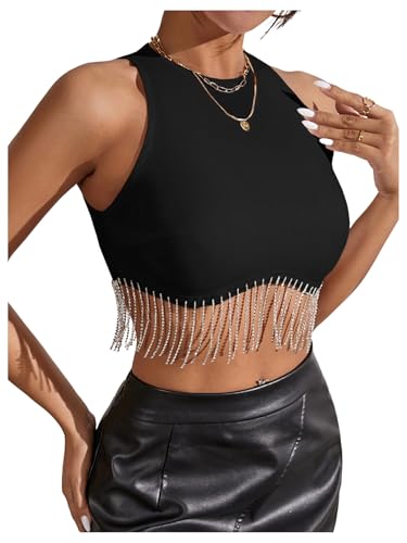 SHENHE Women's Glitter Rhinestone Fringe Tank Top Party...