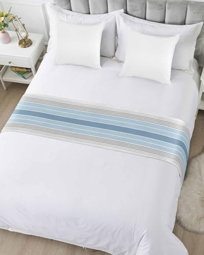 Queen Bed Runner Gradient Blue Gray Stripe Bedding Runner Scarves Decorative Bed Scarf, Modern Minimalist Line Soft Bed Runners for Bedroom Hotel Wedding 94x20IN