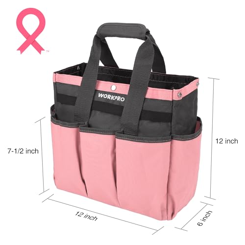 WORKPRO Garden Bag, Garden Tool Tote Storage Bag with 8 Pockets, Home Organizer for Outdoor Gardening Caddy, Garden Tool Kit Holder (Tools NOT Included), Garden Gifts, Pink Ribbon by WORKPRO - Image 3