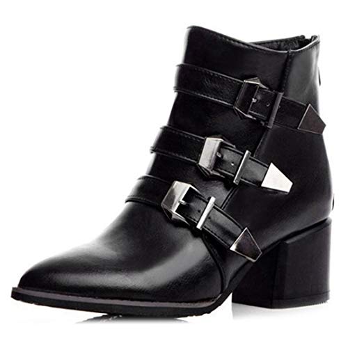 VOKLIN Women's Pointed Toe Chelsea Ankle Boots Buckle Strappy Block Heel Booties Zipper Western Short Boot