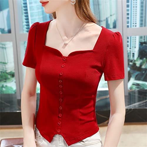 Haut à manches courtes rouge pur simple boutonné WQHPLMD pour femme