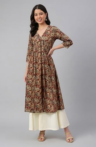Image of Janasya Women's Pure Cotton Floral Printed Flared Kurta