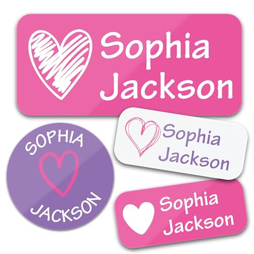 Bunny Badges Personalized Daycare Name Labels for Kids (130 Labels) - Custom Waterproof Name Stickers for Clothing Tags, Water Bottles, Lunch Boxes and School Supplies (Hearts)