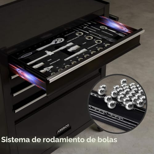 Miniatura 3 de Arebos Carro De Taller Con 4 Compartimentos 4 Cajones Con Rodamiento De Bolas Incluye 81 Herramientas 2 Ruedas Con Freno De Estacionamiento Negro