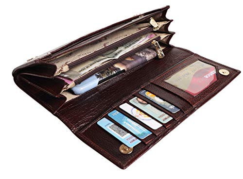 Image of Wenz Genuine Leather Women Wallets Multi-Function Slim Bifold Zipper Clutch Purse (Brown)